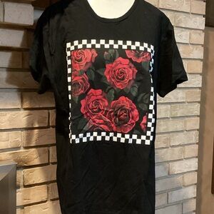 Black T-Shirt with Red Rose black, and white checkered Design